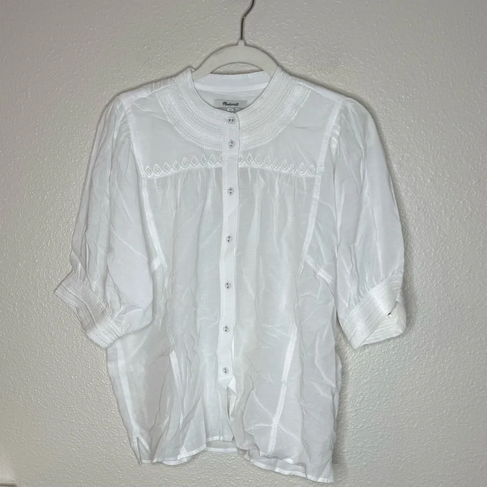 Madewell Women’s Embroidered Puff-Sleeve Banded-Collar Shirt Top NWT 12 White